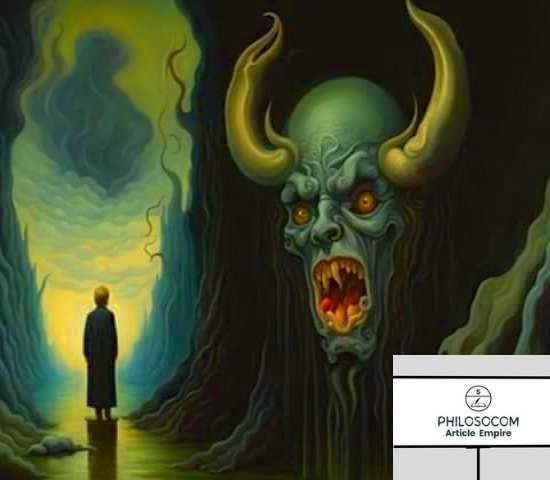A boy and a giant head of a demon.