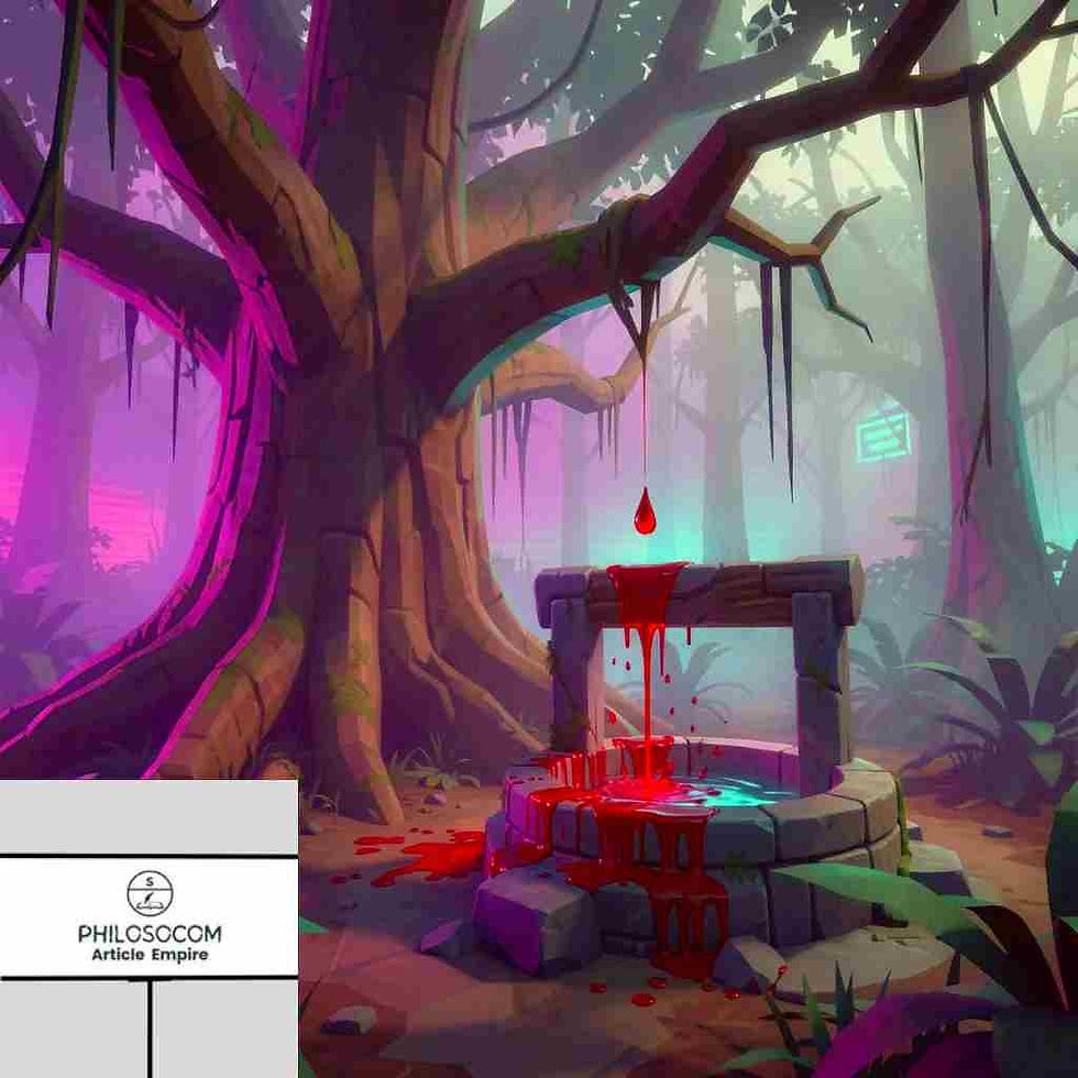 Ancient stone well in mystical forest with glowing pink and blue mist. Red liquid drips from trees. Eerie, magical atmosphere.