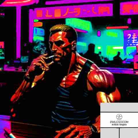 Muscular man in a dark tank top smokes at a bar, neon signs in Japanese in the background. The scene is vibrant and moody.