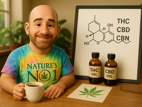Buddy from Nature’s No.1 explaining the endocannabinoid system using a simple brain-to-body balance diagram in a cozy educational setting.