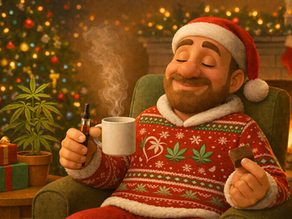 Buddy, a cheerful bald man with a beard, sits contentedly in a green armchair wearing a red Christmas jumper and Santa hat. He holds a steaming mug and a vape pen in one hand, and a chocolate edible in the other. Behind him, a Christmas tree, fireplace, gifts, and a potted cannabis plant create a warm, cozy holiday setting.