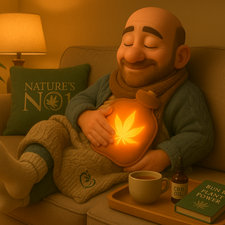 A warm, cosy 3D illustration of Buddy sitting on a sofa with a glowing cannabis-leaf hot water bottle on his stomach. He’s wearing knitted loungewear and a scarf, with a relaxed smile and eyes closed. A Nature’s No.1 cushion sits behind him, and a tray with CBD oil and a warm drink rests beside him. The scene has soft, golden evening lighting, giving a calm, comforting mood.
