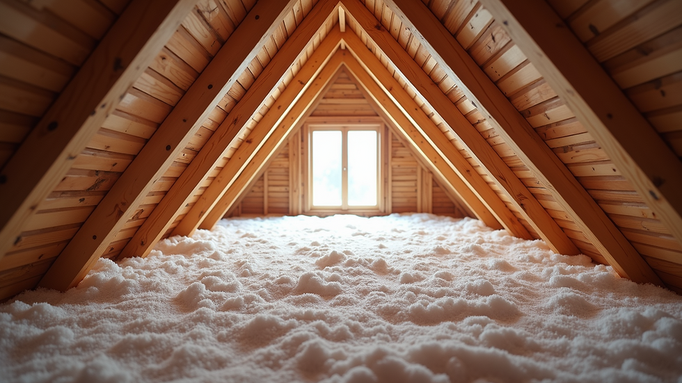 High angle view of attic with new insulation installed
