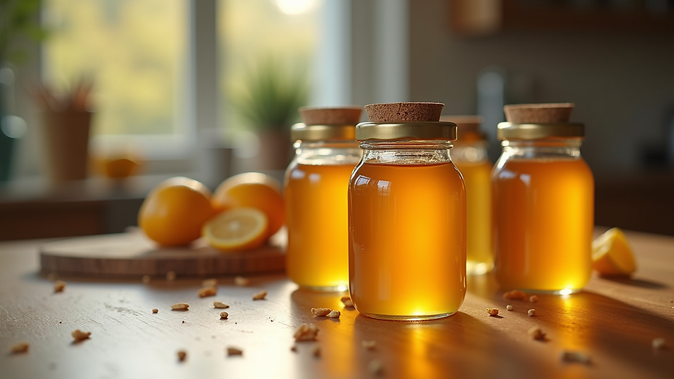 Close-up view of honey jars arranged on a wooden table