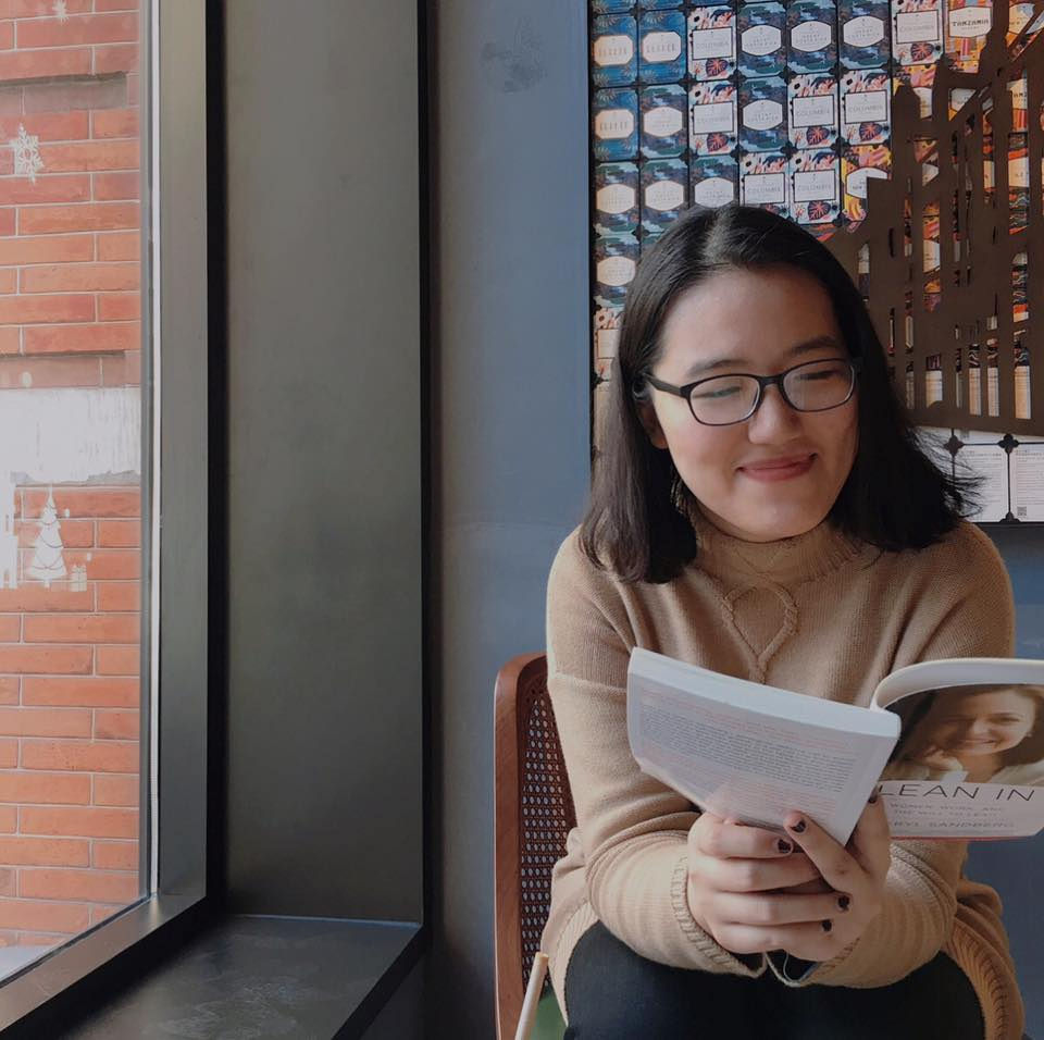 Mona with Book, Drink, and Friend