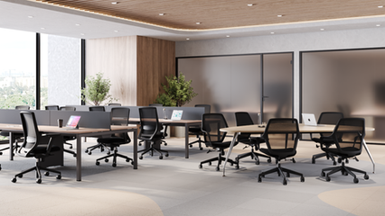 Escritório corporativo com cadeiras Livo em vista posterior e mesas linha GET4 + cadeiras linha Núvia e mesa Linha GET5