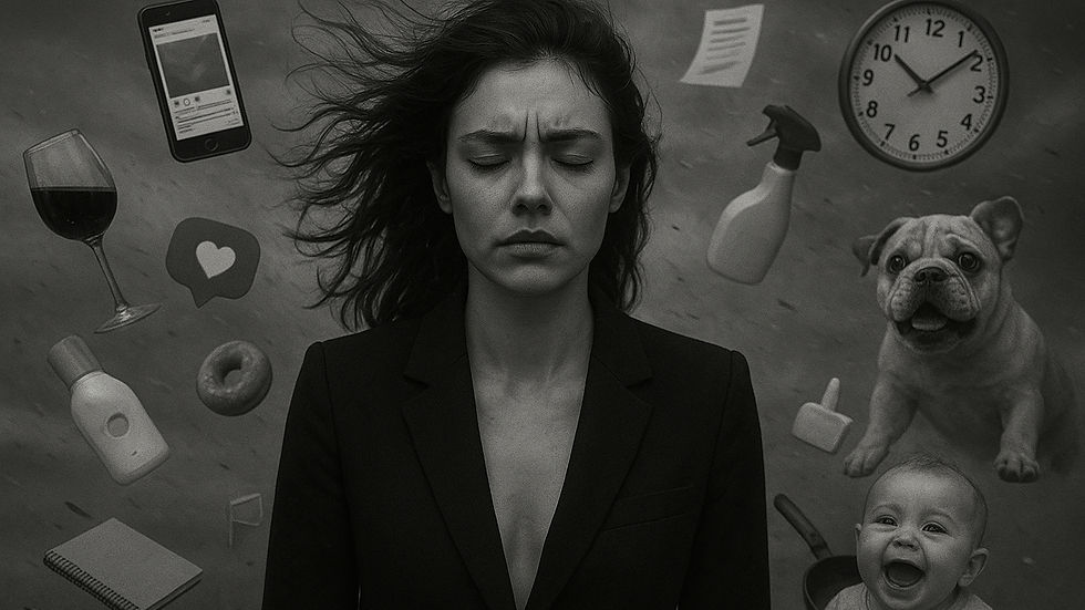 AI generated image of a woman in the midst of life's chaos