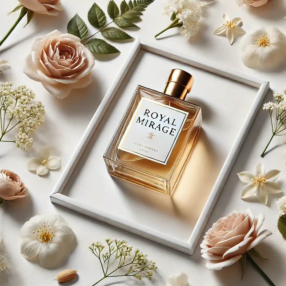A long rectangular perfume bottle with "Royal Mirage" written in stylish gold lettering, placed on a white background. Surrounding the bottle are soft floral elements like roses, jasmine, and sandalwood, representing a luxurious and long-lasting floral fragrance. The image has a clean and elegant aesthetic