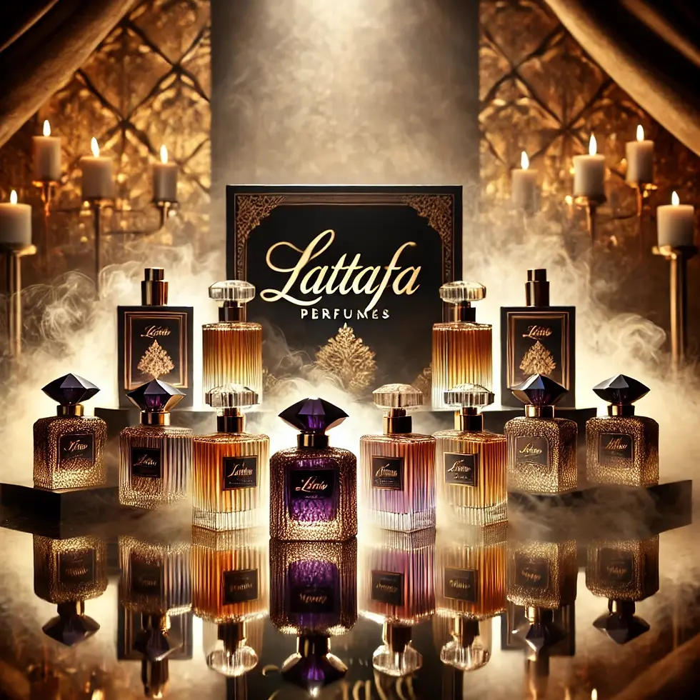 A luxurious display of Lattafa perfumes arranged elegantly on a reflective surface, illuminated by soft golden lighting. The perfume bottles feature intricate designs in deep amethyst, gold, and black colors, exuding opulence and sophistication. A misty, enchanting aura surrounds the setup, enhancing its high-end aesthetic