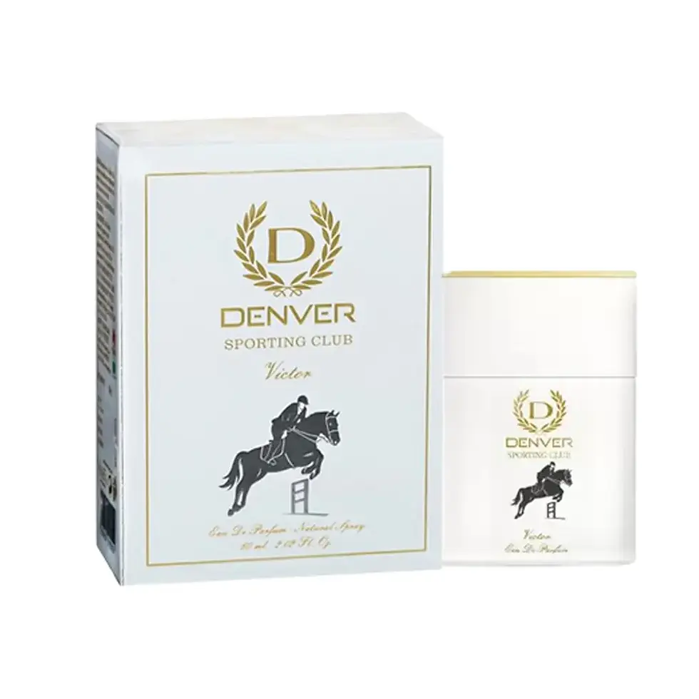 White box and perfume bottle with gold and black designs. "Denver Sporting Club" text; shows a horse and rider graphic. Elegant and classy.