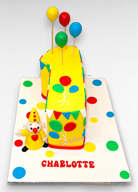 kleurrijke kindertaart met regenboogballonnen en stippen, Bumba taart – vibrant birthday cake with rainbow dots, balloon toppers and name inscription