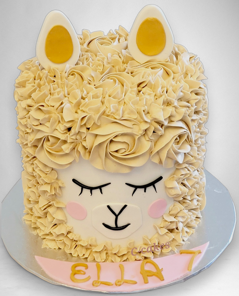 vrolijke kindertaart in lama-thema met fondant krullen, gepersonaliseerd met naam en leeftijd