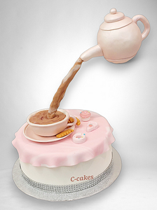 originele taart met theekop en zwevende theepot, roze theekrans design met illusie-effect