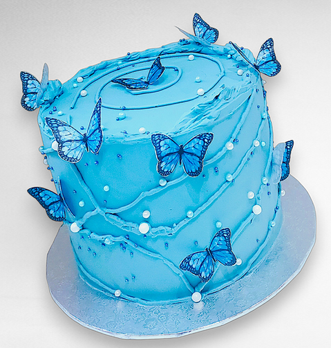 fantasierijke blauwe taart met 3D vlinders en pareldecoratie – whimsical blue cake with edible butterflies and pearl details