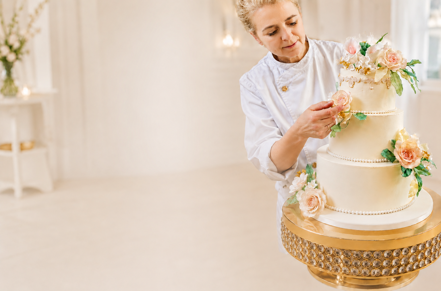 C-cakes werkt een luxe bruidstaart af met handgemaakte suikerbloemen, perfect voor een stijlvolle trouwdag in België.