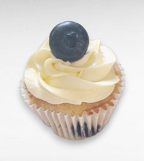 stijlvolle cupcake met gladde witte crème en een enkele blauwe bes als topping – refined cupcake with smooth white cream and a single blueberry on top