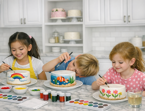 Kinderen werken met eetbare verf en creatieve decoraties