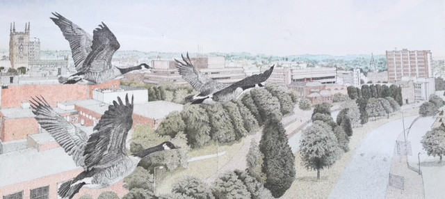 Sketch of Wolverhampton with geese flying
