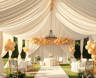 luxury outdoor tent setup with flowing draped fabric, cream and soft beige tones, elegant