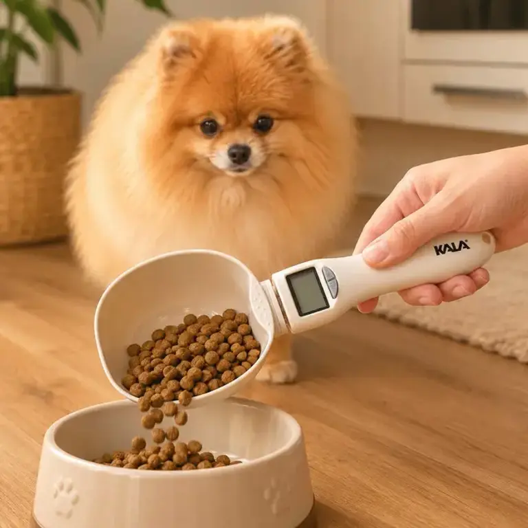 Colher digital branca servindo ração para cachorro