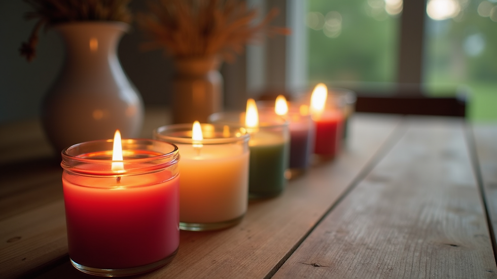 Close-up of handmade colorful candles arranged on a wooden table