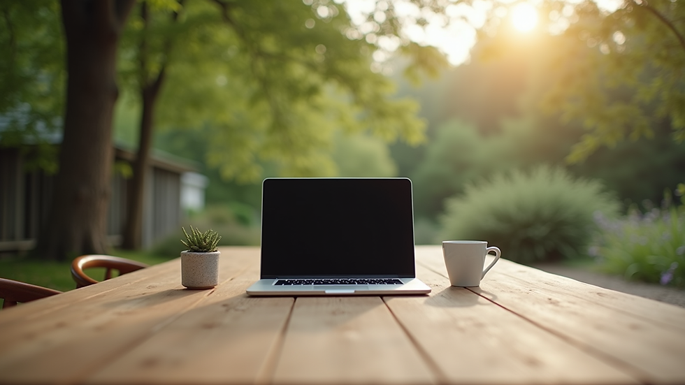 Eye-level view of a serene outdoor workspace with a wooden table and a laptop