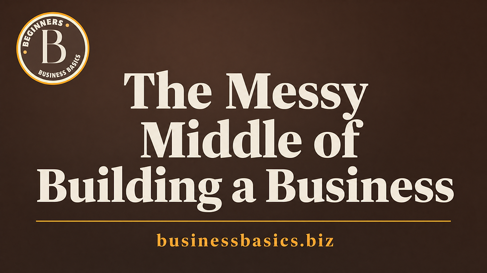 Business Basics logo on brown background with title The Messy Middle of Building a Business and website businessbasics.biz