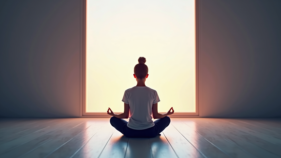 Person meditating in front of a large bright window, seated cross-legged on a wooden floor. Calm atmosphere, soft lighting.