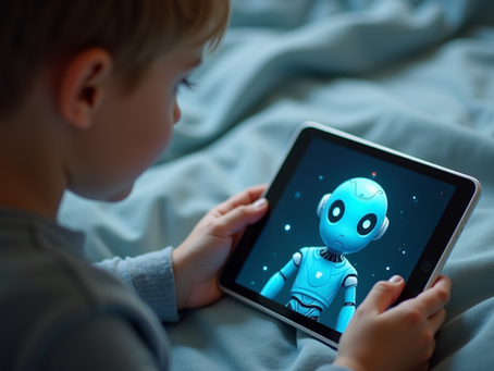 A child sitting on a bed, captivated by a digital robot displayed on a tablet.