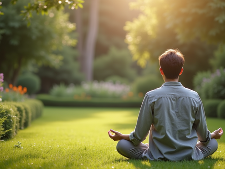 Calm individual practicing mindfulness in a garden