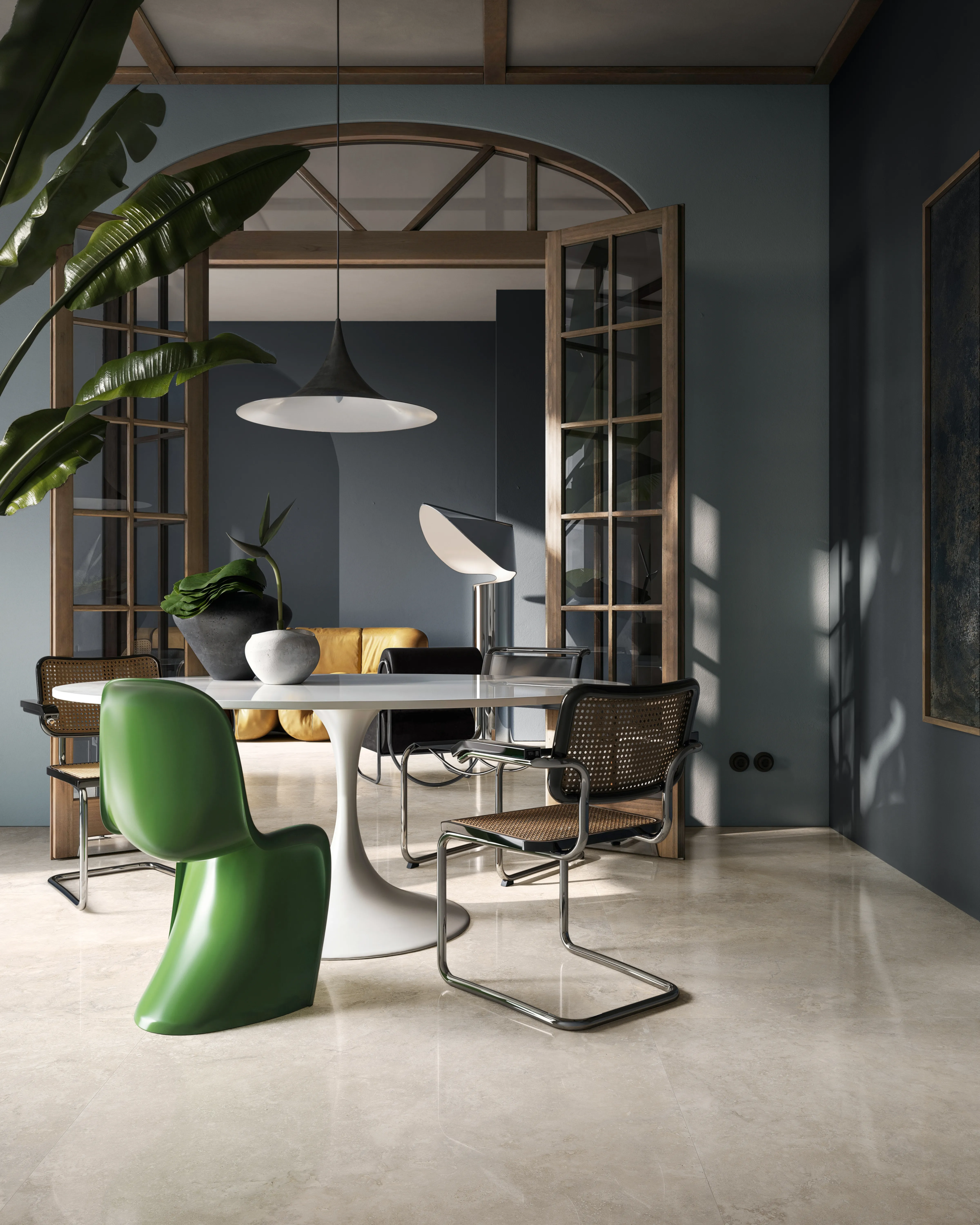 INVICTUS CROSS 60×60mm トラバーチンタイルの施工イメージ｜リビングでの使用例