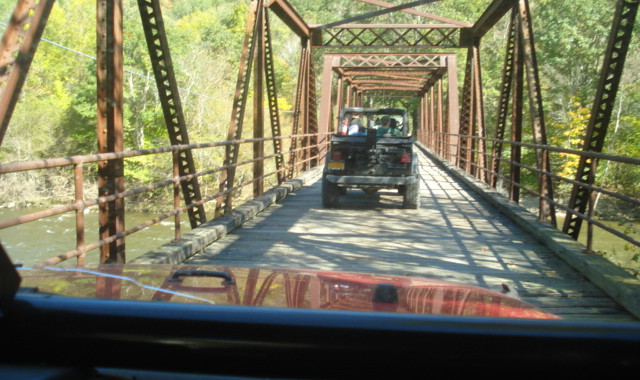 Jeeps crossing rusty bridge, Long Island Off Road