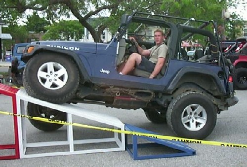 Man driving Jeep up ramps