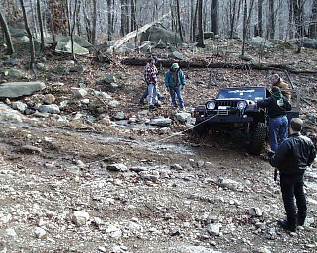 Jeep stuck, people pulling it out, Long Island Off Road