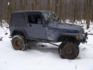 Jeep Wrangler in snowy woods