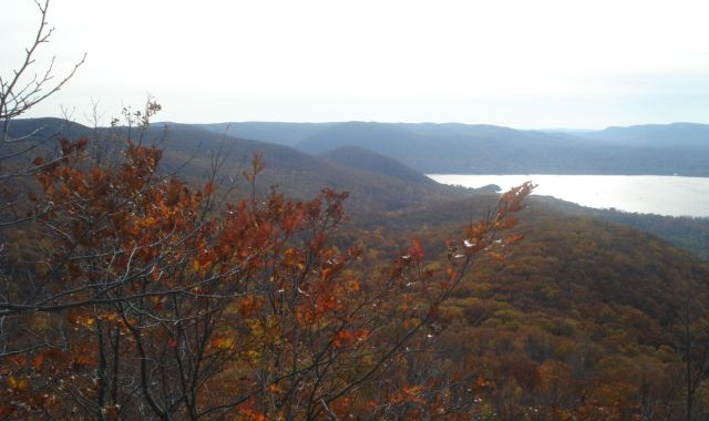 Autumnal foliage overlooks valley and lake