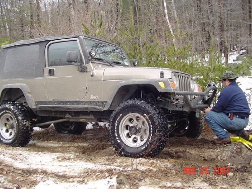 Man working on a Jeep Wrangler in snowy woods