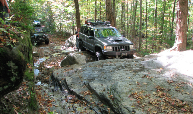 Jeeps navigating rocky trail, Long Island Off Road
