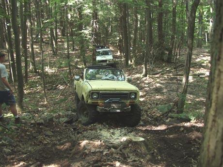 Off-road vehicles navigating wooded trail