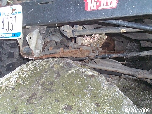Rusty Hi-Lift jack, vehicle undercarriage on rock