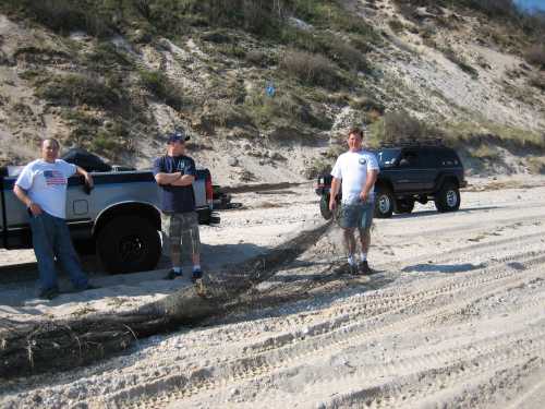 Three men by trucks on sandy beach