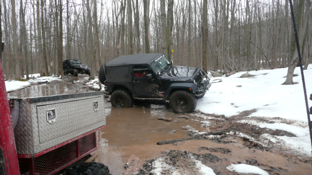 Black Jeep stuck in mud, snow, Rausch Creek