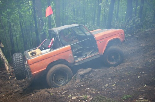 Orange Bronco stuck in mud, Long Island Off Road