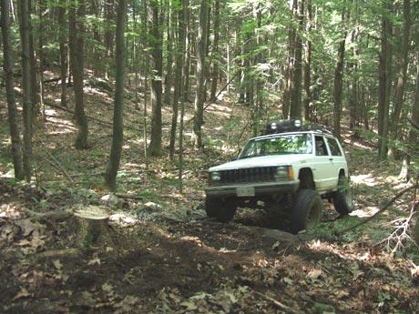 White Jeep Cherokee off-roading in wooded area