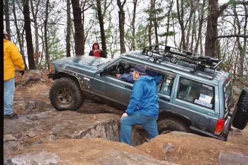 Man assisting Jeep Cherokee off-road