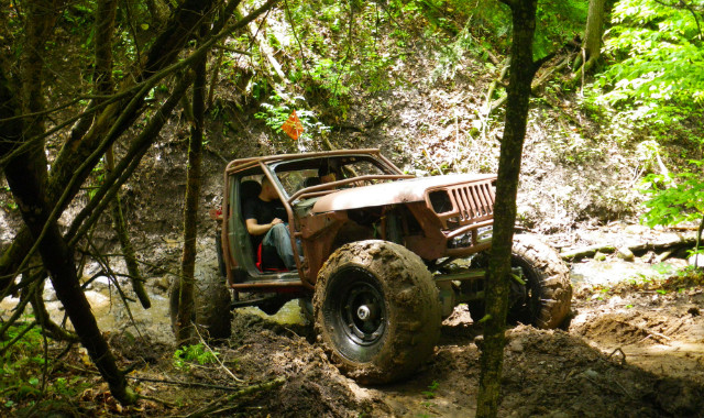 Person driving rusty Jeep through wooded trail