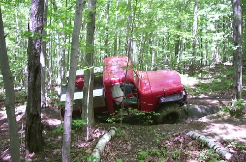 Red Jeep traversing wooded trail