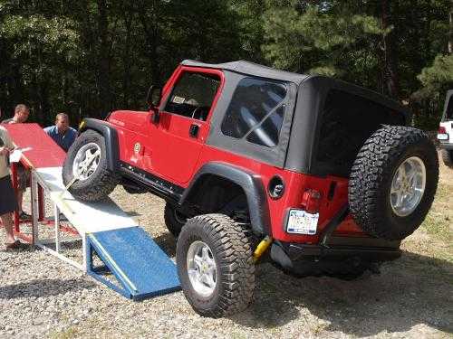Red Jeep Wrangler ascending ramp