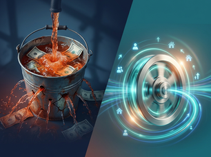 Showing a representation of a bucket leaking rusty water and money next to an image of smooth running engine.