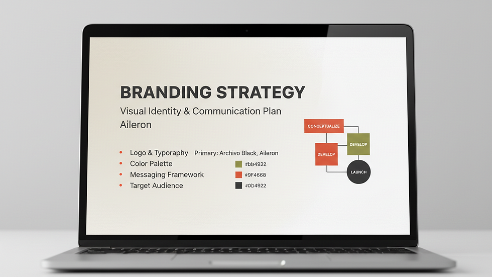 Close-up view of a laptop screen showing branding strategy documents